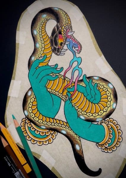 Neo-Traditional + Illustrative snake tattoo by kevin_1 on TattMe