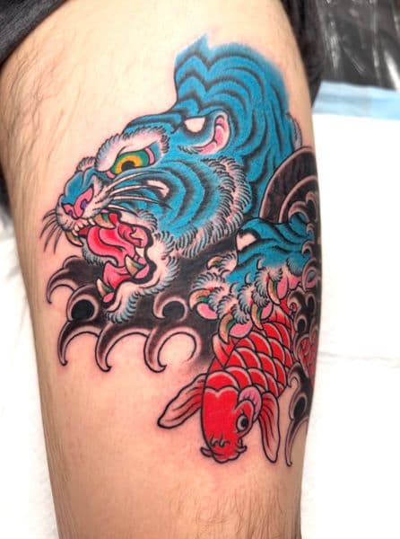 Japanese + Color tiger tattoo on Thigh by kevin_1 on TattMe