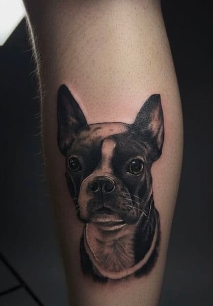 Black & Grey + Realism dog tattoo on Calf by an5maly on TattMe