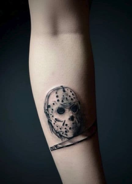 Black & Grey + Illustrative jason mask tattoo on Forearm by an5maly on TattMe