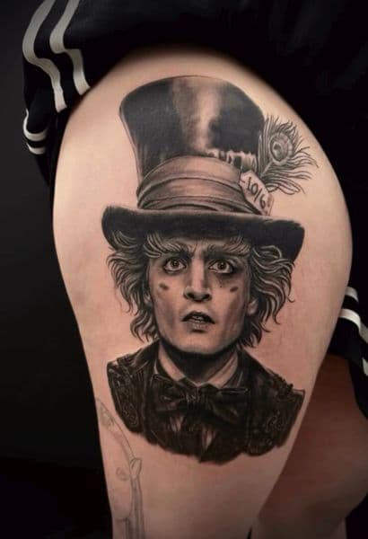 Realism + Black & Grey mad hatter tattoo on Thigh by an5maly on TattMe