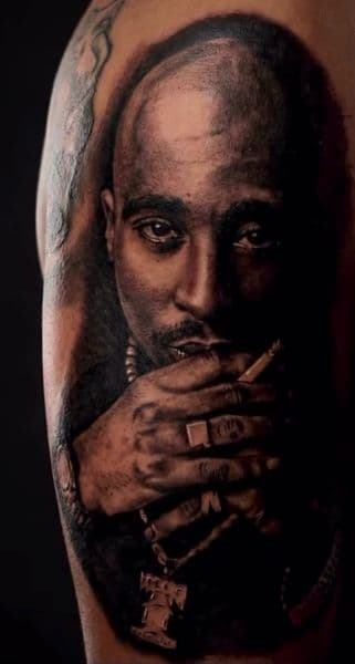 Realism + Black & Grey tupac shakur tattoo on Upper Arm by an5maly on TattMe