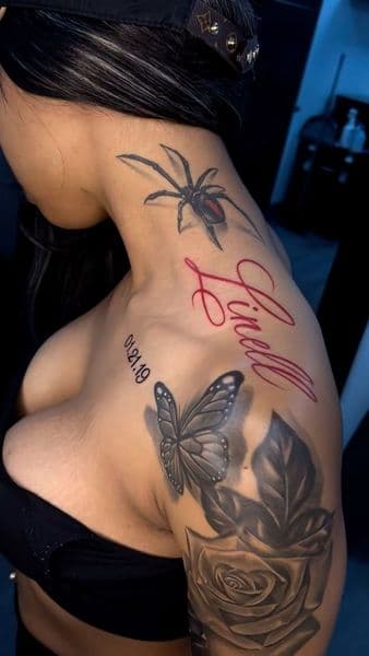 Realism + Black & Grey spider tattoo on Shoulder by white..tatt_ink on TattMe