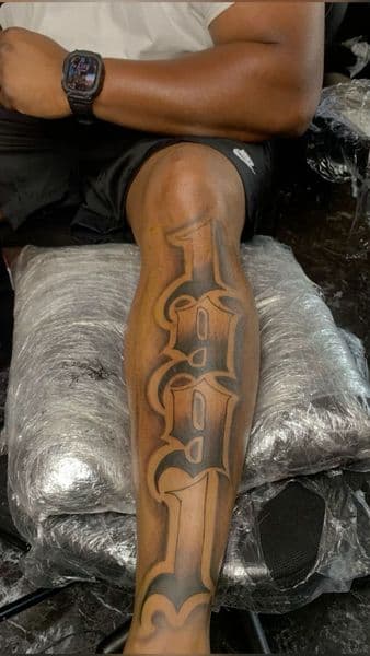 Lettering + Black & Grey numbers tattoo on Calf by white..tatt_ink on TattMe