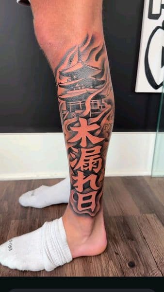 Black & Grey + Japanese pagoda tattoo on Calf by white..tatt_ink on TattMe