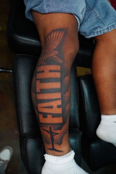 Lettering + Black & Grey faith tattoo on Calf by white..tatt_ink on TattMe