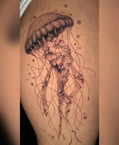 Black & Grey + Line-work jellyfish tattoo on Thigh by Anderson_tat_ on TattMe