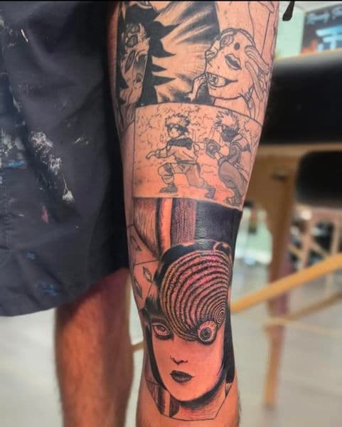 Black & Grey + Illustrative manga panels tattoo on Knee by Anderson_tat_ on TattMe