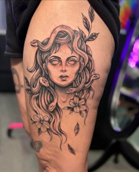 Black & Grey + Illustrative medusa tattoo on Thigh by Anderson_tat_ on TattMe