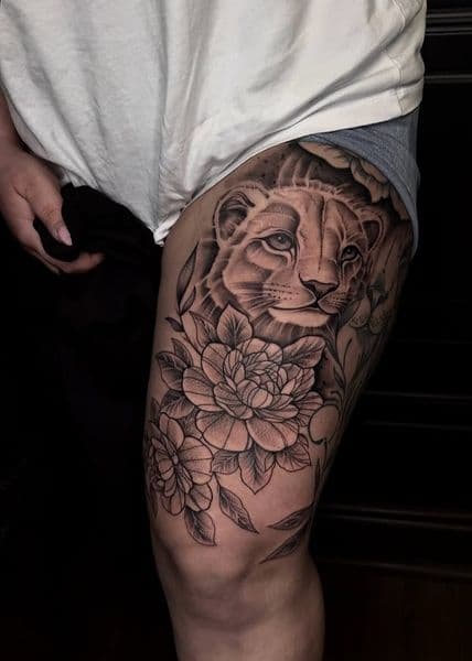 Black & Grey + Fine Line lion tattoo on Thigh by chroma_tattoo_parlour on TattMe