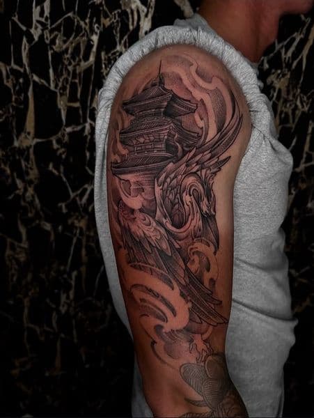 Black & Grey + Japanese pagoda tattoo on Upper Arm by chroma_tattoo_parlour on TattMe