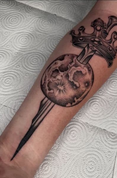 Black & Grey + Dot-work crown tattoo on Forearm by chroma_tattoo_parlour on TattMe