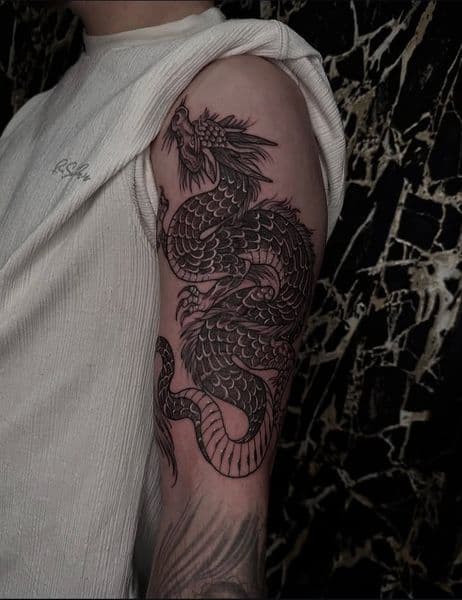 Japanese + Black & Grey dragon tattoo on Upper Arm by chroma_tattoo_parlour on TattMe
