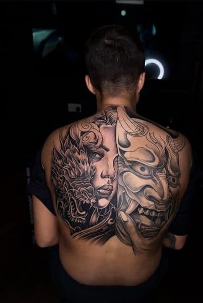 Black & Grey + Illustrative woman tattoo on Upper Back by chroma_tattoo_parlour on TattMe