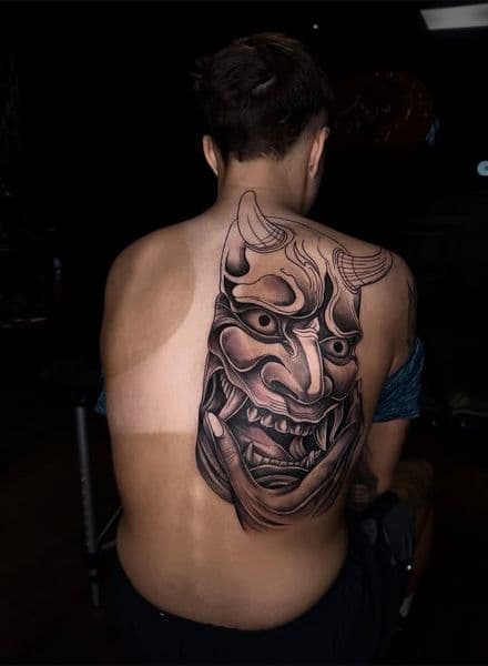 Black & Grey + Japanese hannya mask tattoo on Upper Back by chroma_tattoo_parlour on TattMe