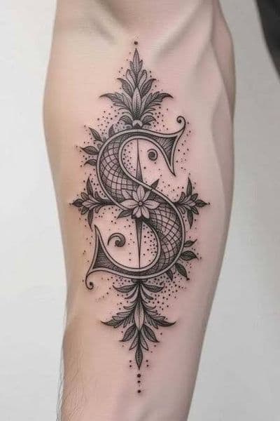 Fine Line + Black-work letter S tattoo on Upper Arm by Mr._K_-_mr.K_tattoo on TattMe