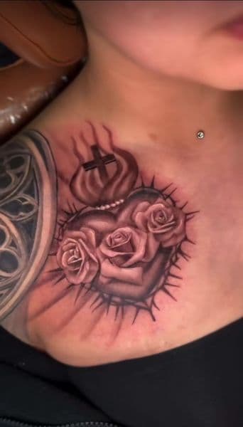 Black & Grey + Illustrative sacred heart tattoo on Shoulder by reservoir_tattoo_studio_ on TattMe