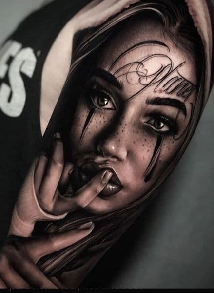 Realism + Black & Grey woman tattoo on Upper Arm by sr_diaz on TattMe