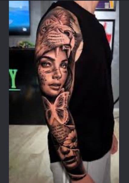Realism + Black & Grey lion tattoo on Full Sleeve by sr_diaz on TattMe