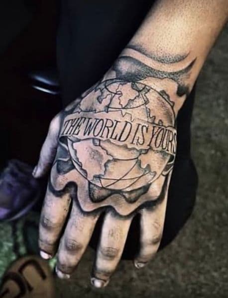 Black & Grey + Illustrative globe tattoo on Hand by sr_diaz on TattMe