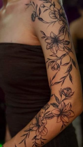 Floral + Black & Grey flowers tattoo on Full Sleeve by Ace_Monroe on TattMe