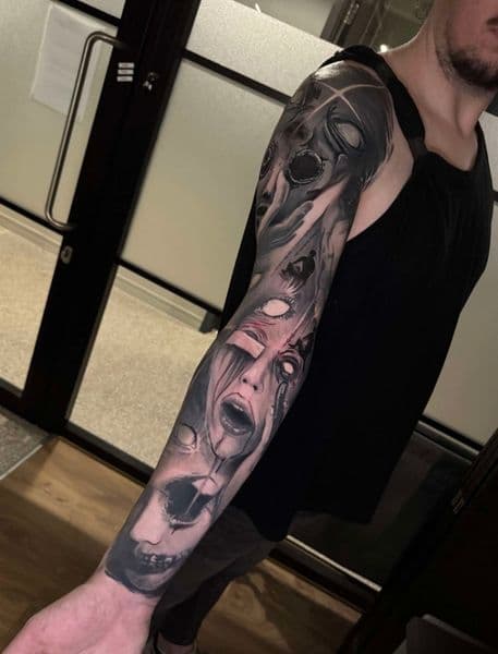 Black & Grey + Realism faces tattoo on Full Sleeve by Ace_Monroe on TattMe