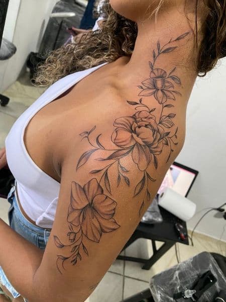 Floral + Fine Line flowers tattoo on Shoulder by Ace_Monroe on TattMe