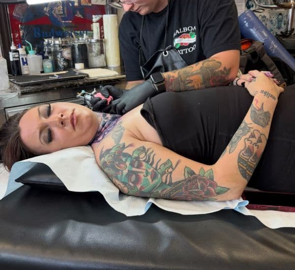 American Traditional + Color sugar skull tattoo on Full Sleeve by Darrell_B._Austin on TattMe