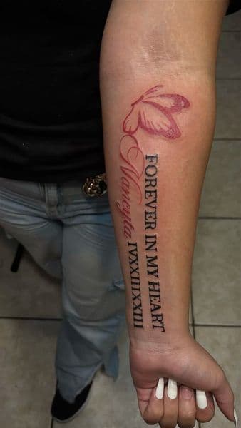 Lettering + Script butterfly tattoo on Forearm by TROUBLECHILXD_TATTOS on TattMe