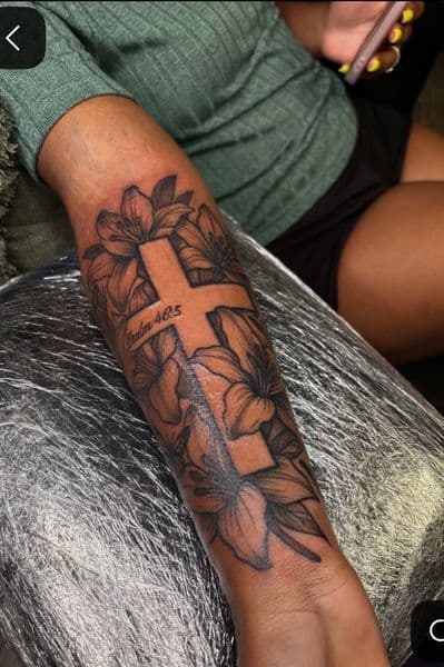 Black-work + Illustrative cross tattoo on Forearm by TROUBLECHILXD_TATTOS on TattMe