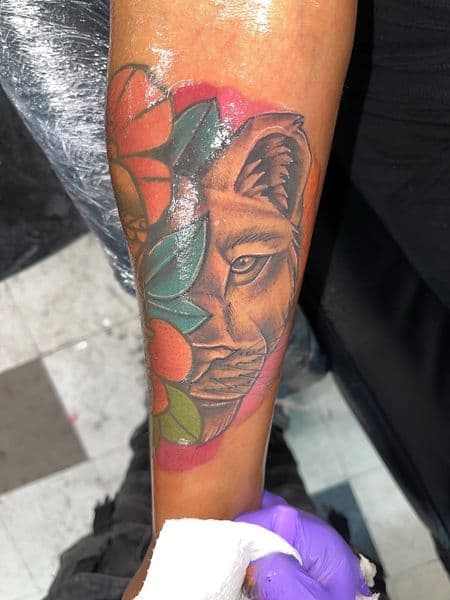Illustrative + Color lioness tattoo on Forearm by ink_by_christian on TattMe