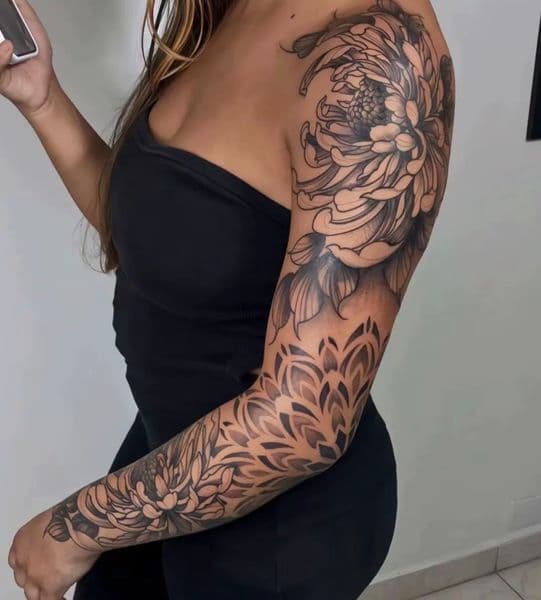 Illustrative + Floral chrysanthemum tattoo on Full Sleeve by Allison_ on TattMe