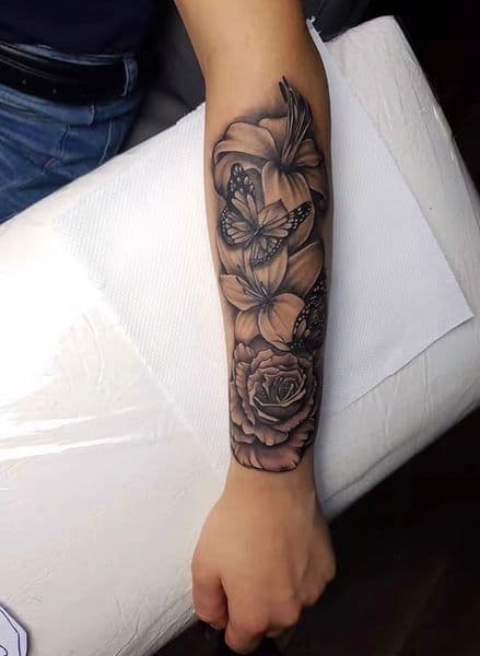 Black & Grey + Floral flowers tattoo on Forearm by Allison_ on TattMe