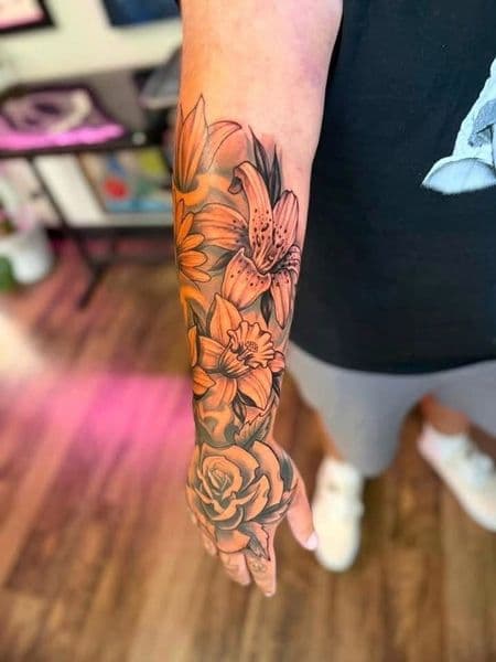 Floral + Black & Grey flowers tattoo on Full Sleeve by jennyandkai on TattMe