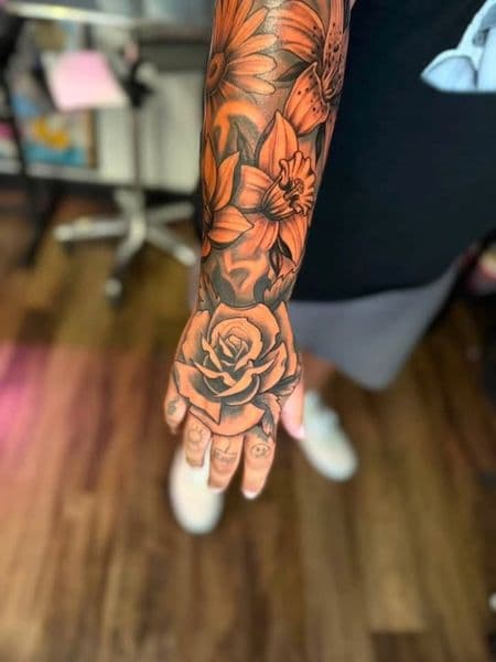 Black & Grey + Floral flowers tattoo on Half Sleeve by jennyandkai on TattMe