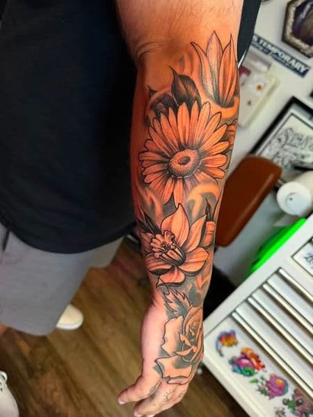 Black & Grey + Floral flowers tattoo on Forearm by jennyandkai on TattMe