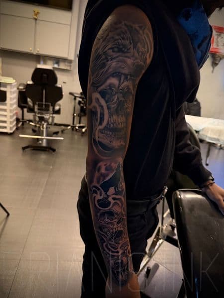 Black & Grey + Realism wolf tattoo on Full Sleeve by Brianis on TattMe
