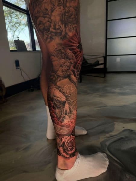 Realism + Black & Grey zeus tattoo on Full Leg Sleeve by Brianis on TattMe