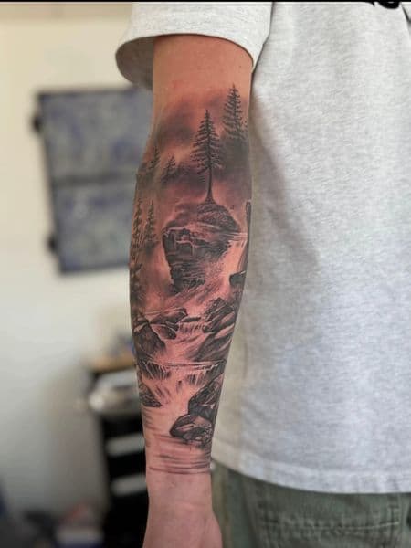 Black & Grey + Realism waterfalls tattoo on Half Sleeve by Brianis on TattMe