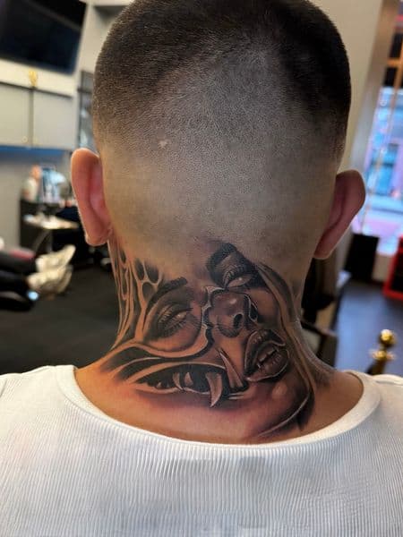 Black & Grey + Realism woman tattoo on Neck (Back) by Brianis on TattMe