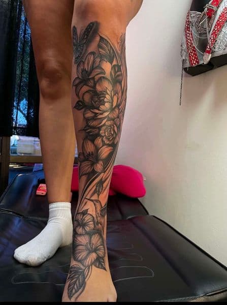 Black & Grey + Illustrative butterfly tattoo on Full Leg Sleeve by Brianis on TattMe