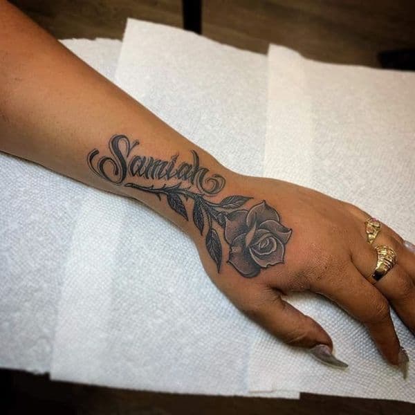 Script + Black & Grey name tattoo on Hand by Stephanie_brain_tatts_ on TattMe