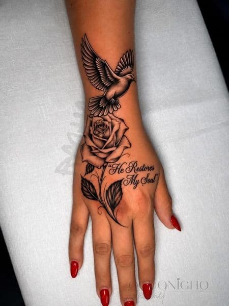 Black & Grey + Illustrative dove tattoo on Hand by Stephanie_brain_tatts_ on TattMe