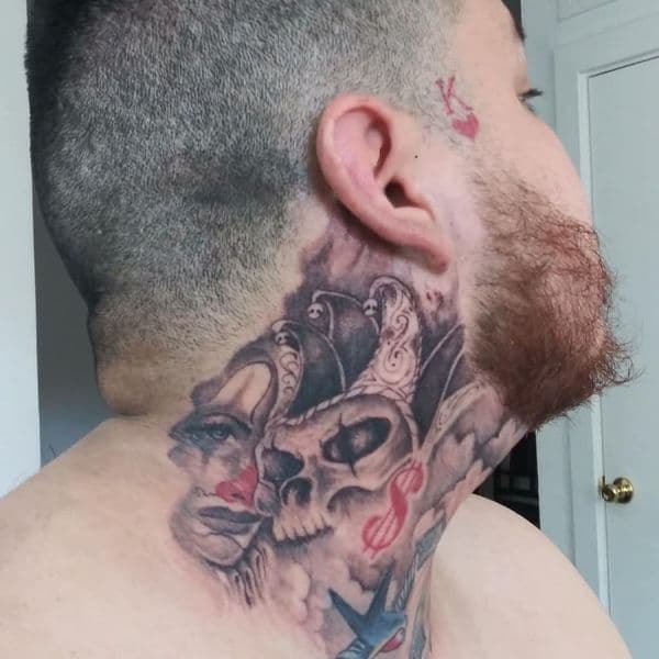 Black & Grey + Chicano clown tattoo on Neck (Side) by TX8_Tattoos on TattMe