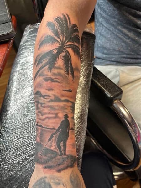 Black & Grey + Illustrative palm tree tattoo on Forearm by TX8_Tattoos on TattMe