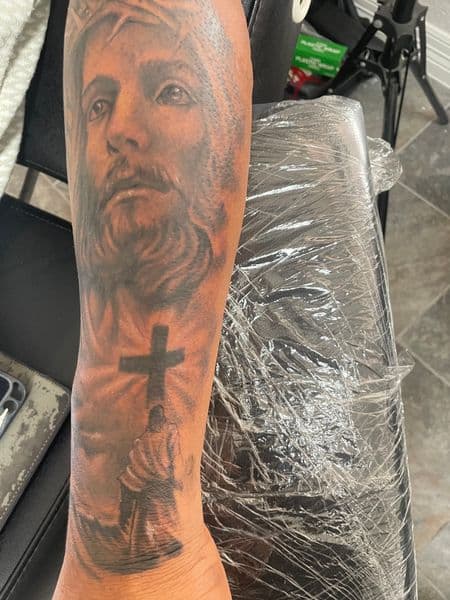 Black & Grey + Realism jesus tattoo on Forearm by TX8_Tattoos on TattMe