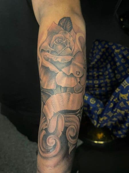 Black & Grey + Illustrative rose tattoo on Forearm by TX8_Tattoos on TattMe