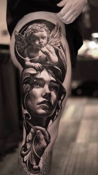 Realism + Black & Grey cherub tattoo on Thigh by Harold.garcia.tattoo on TattMe