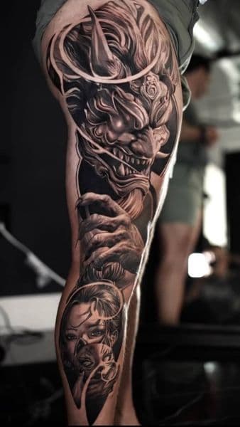 Black & Grey + Realism hannya mask tattoo on Thigh by Harold.garcia.tattoo on TattMe