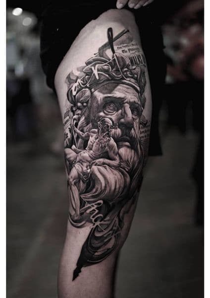 Realism + Black & Grey zeus tattoo on Thigh by Harold.garcia.tattoo on TattMe